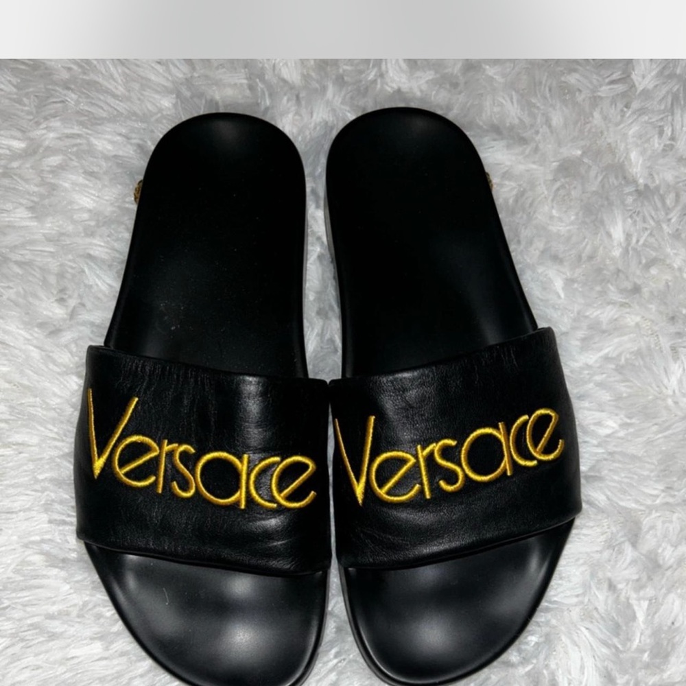 Versace Black Slides with Gold Embroidery Authentic